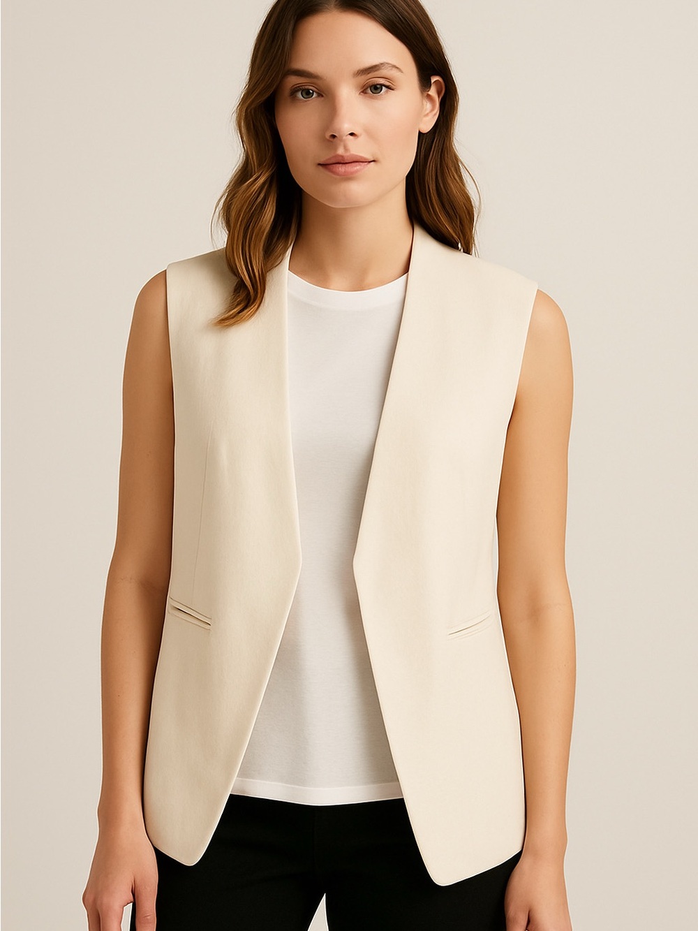 Zara sleeveless open front blazer linen blend vest lined pockets ivory size smal